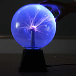 boule plasma luminescente tactile verre noir rouge bleu moderne technologie base pyramidale câble alimentation