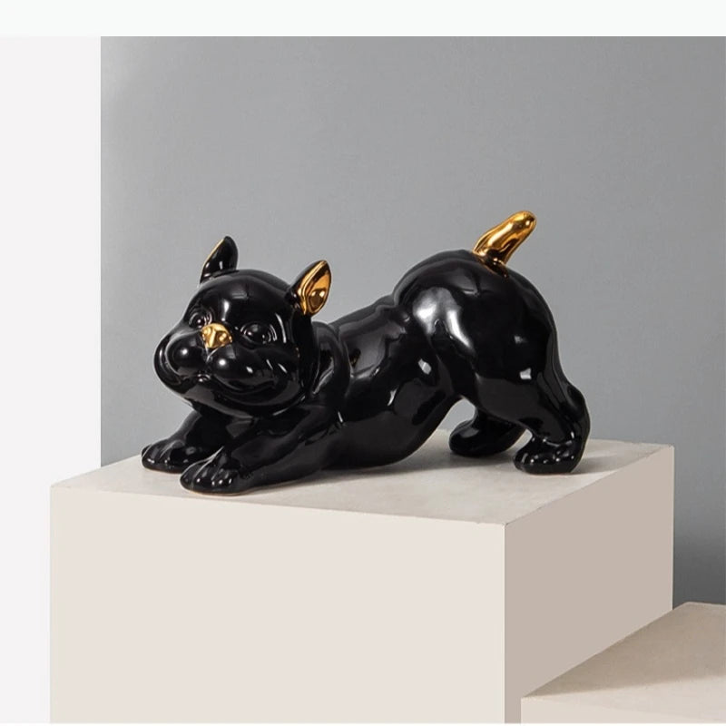 figurine chien bouledogue français noir blanc détails dorés lisse brillante moderne décorative
