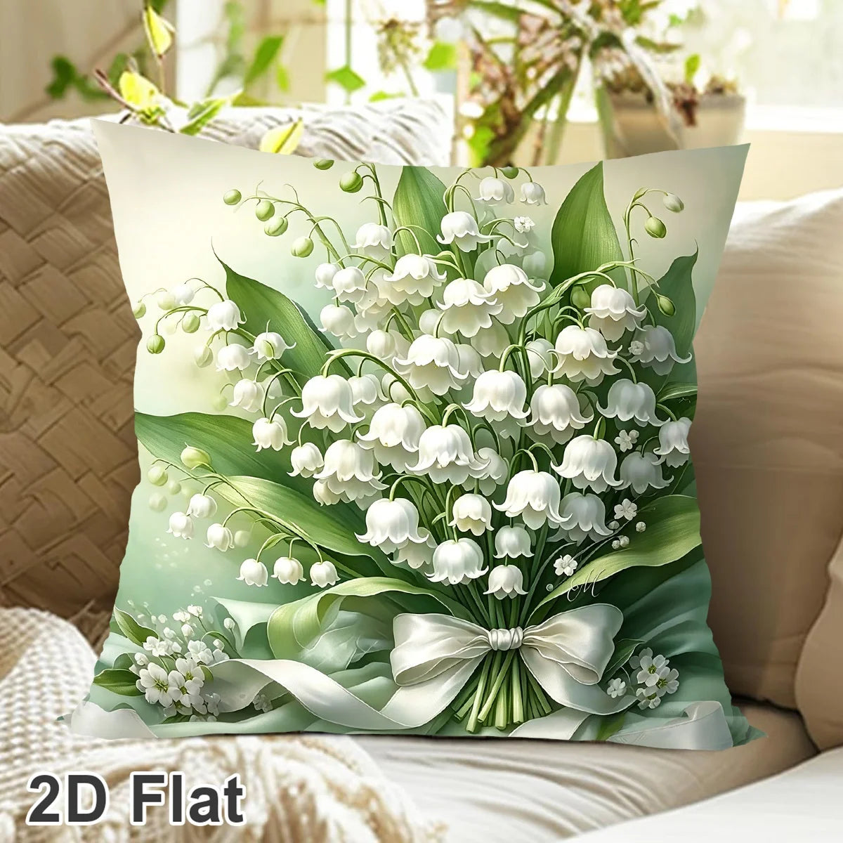 coussin fleurs muguet ruban blanc classique 45x45cm lit maison polyester blanc vert beige