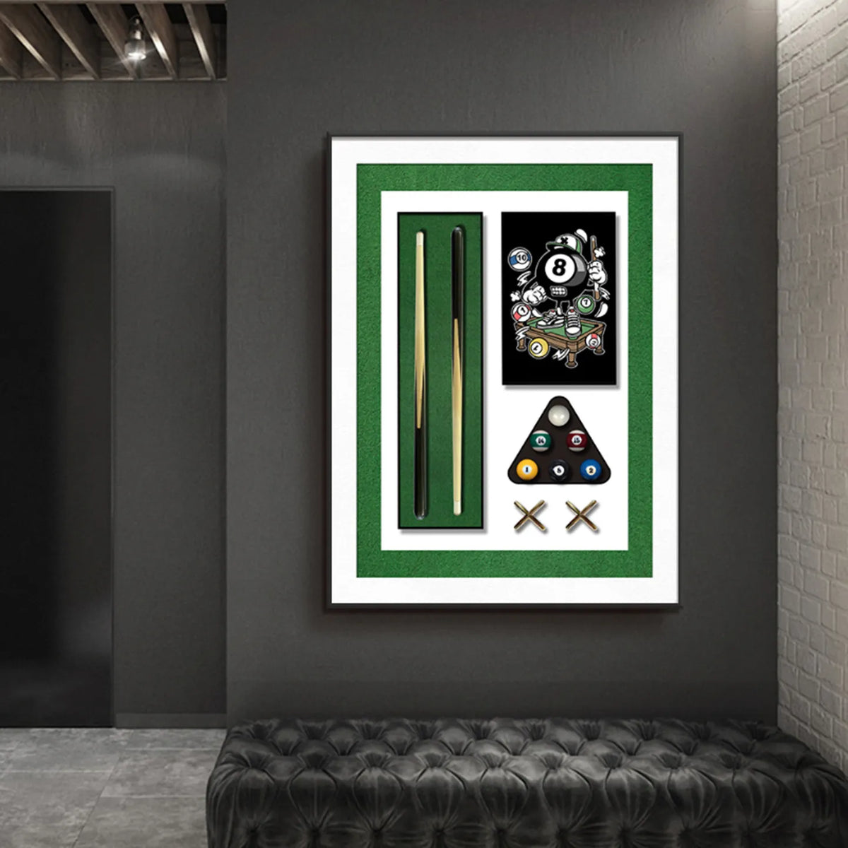 peinture physique 3d queue billard boules vert noir blanc doré moderne cadre aluminium traditionnelle