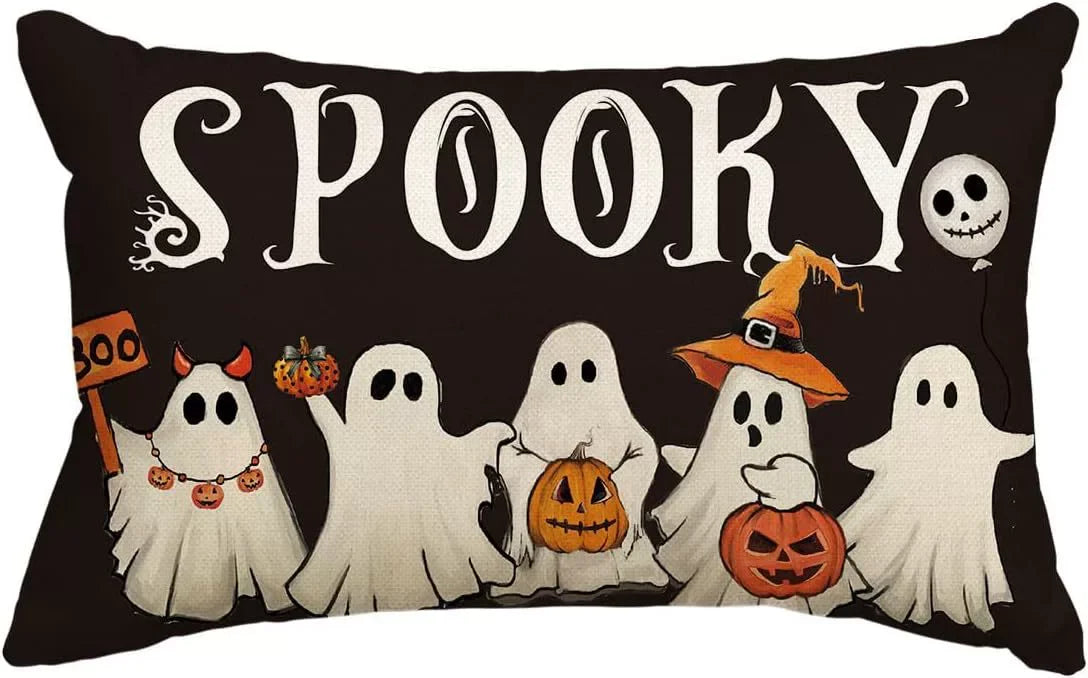 housses d'oreiller fantômes imprimées décoration halloween noires blanches adhésives maison hospitalières