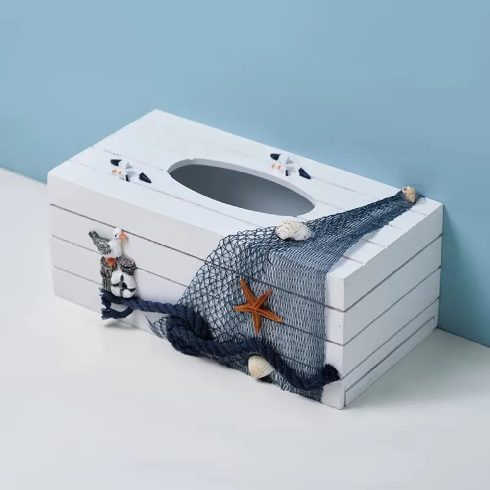 boîte mouchoirs thème marin blanc bleu marine orange coquillage filet pêche étoile mer roue