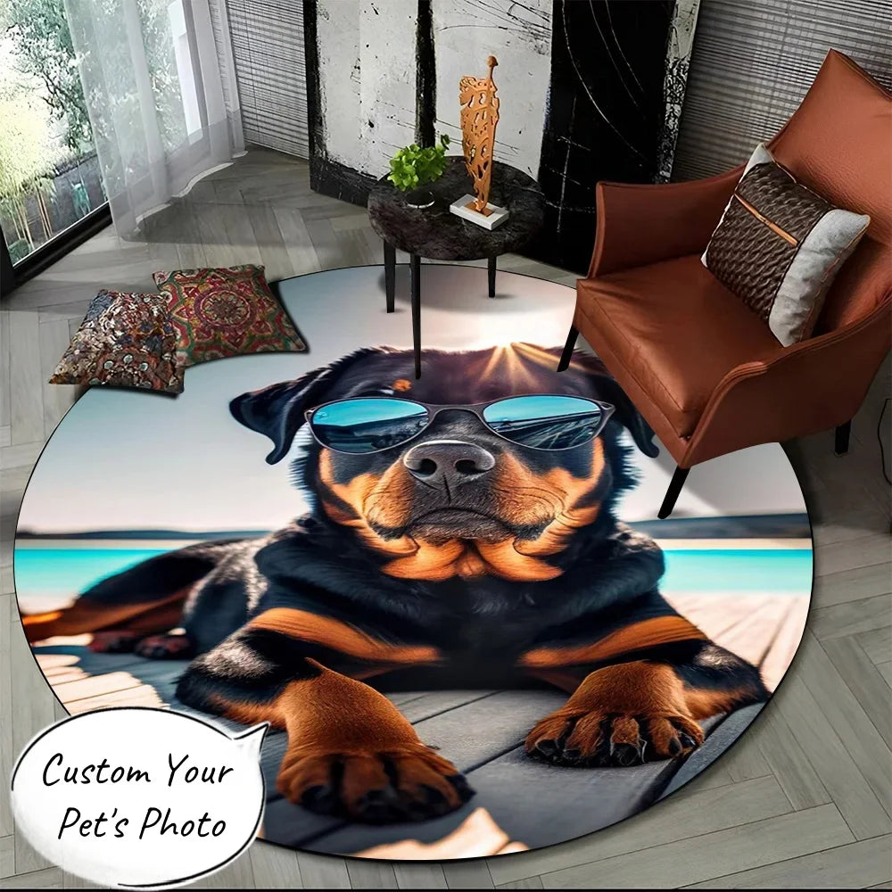 tapis rond imprimé photo chien motif géométrique moderne personnalisable noir blanc 100x100cm 120x120cm 150x150cm
