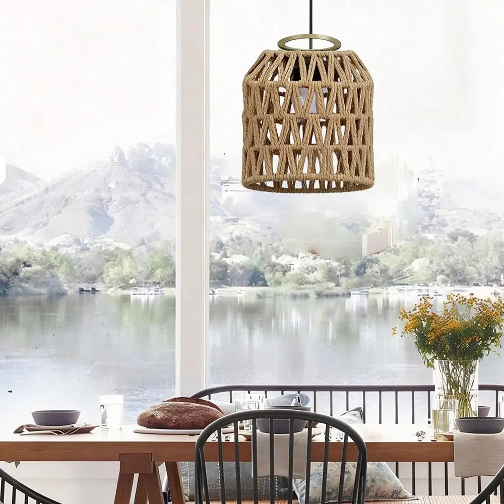 lampe suspendue tressée rotin beige moderne rustique abat jour 15cm diamètre 13cm anneau métallique