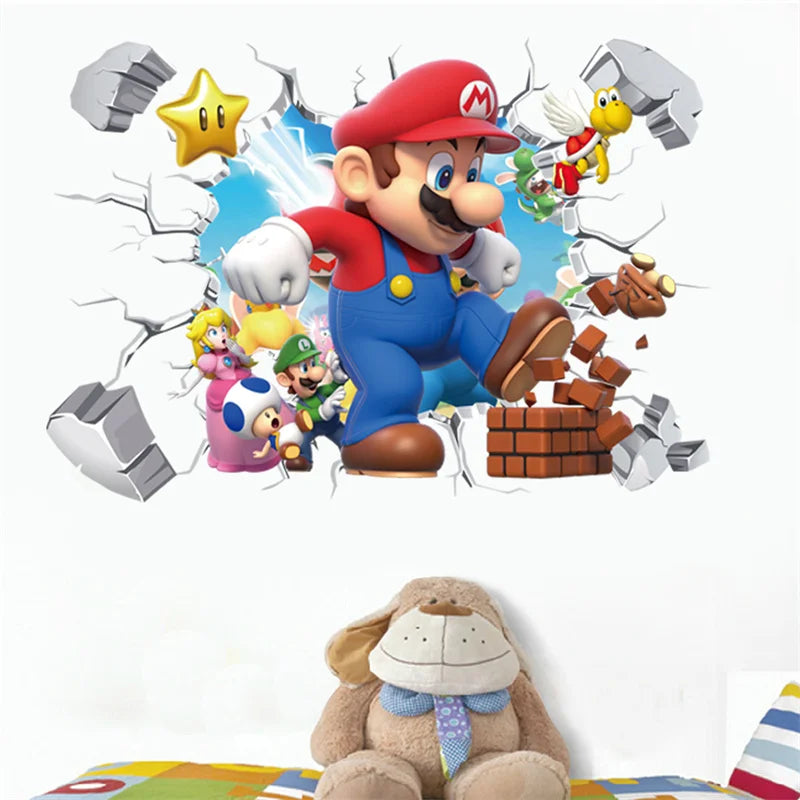 sticker mural 3d dessin animé jeu vidéo brique couleurs variées adhésif intérieur chambre salon