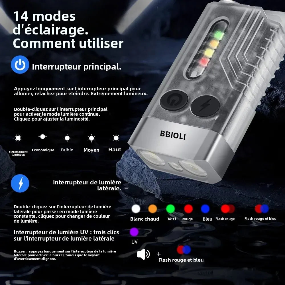 lampe poche rechargeable multi mode uv led alarme sonore porte clés camping
