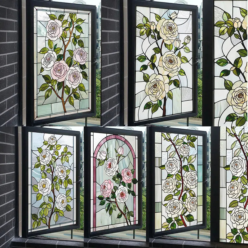 film décoratif fenêtre autocollant statique motif roses fleurs art nouveau opacité protection intimité