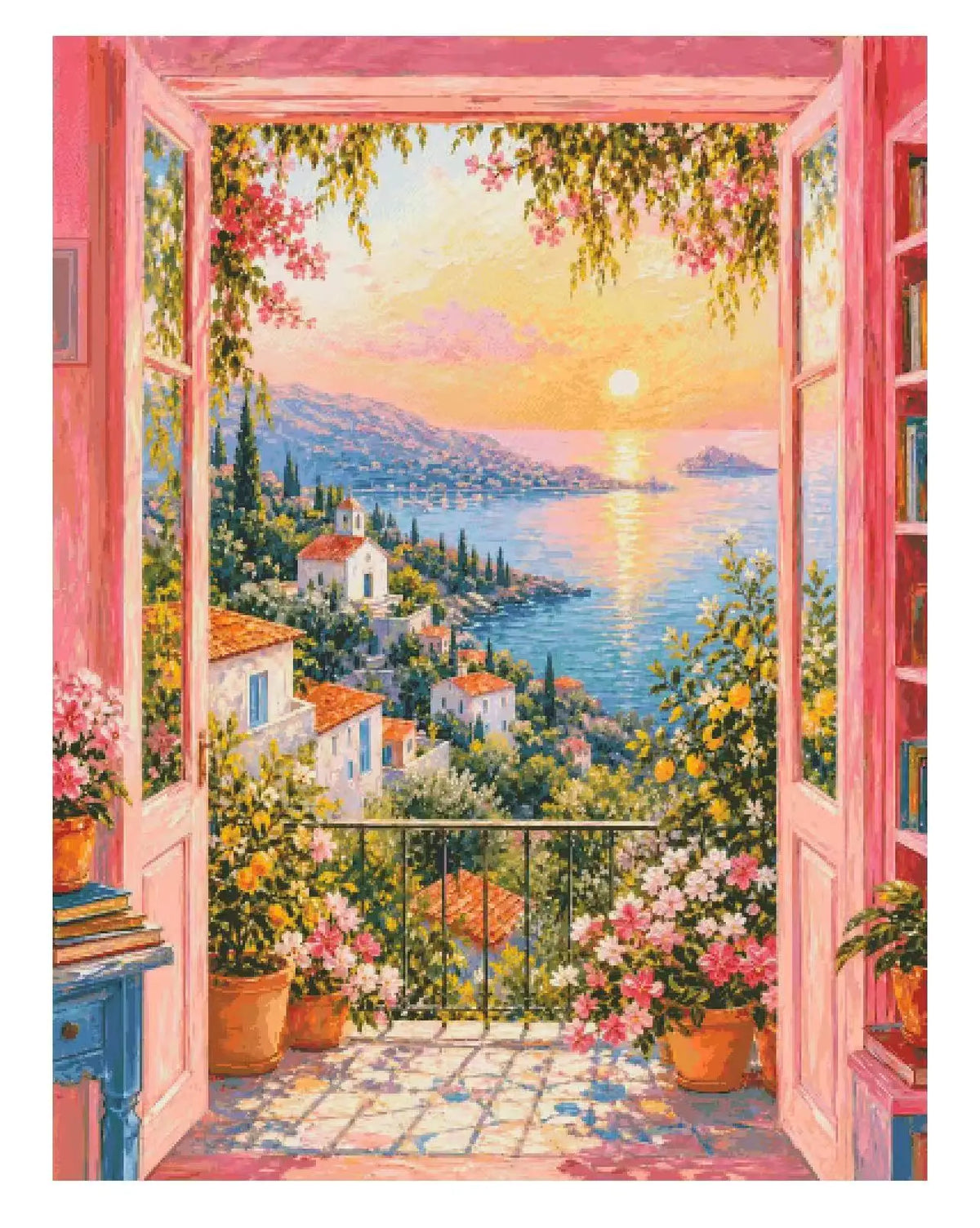 broderie point croix paysage marin coucher soleil maisons blanches végétation multicolore bleu vert rose