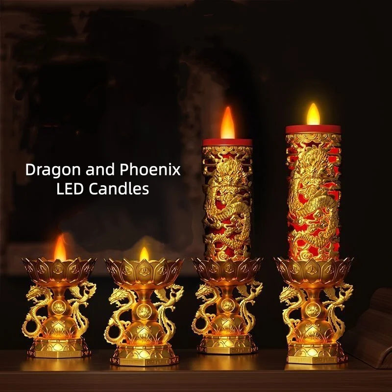 bougies led dragon or rouge artisanal traditionnel base ornée haute 26 cm