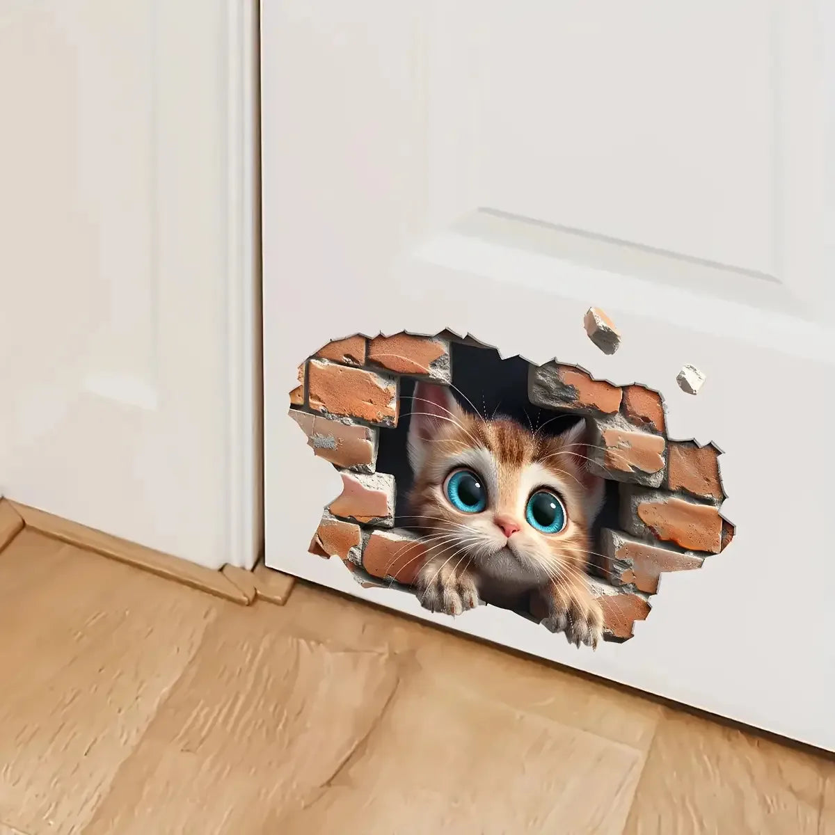 sticker decoratif chat 3d brique brise mur orange marron blanc bleu adhesif 20x30cm