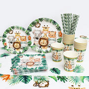 assiettes carton serviettes papier gobelets animaux jungle bébé enfant fête banderole happy birthday pailles