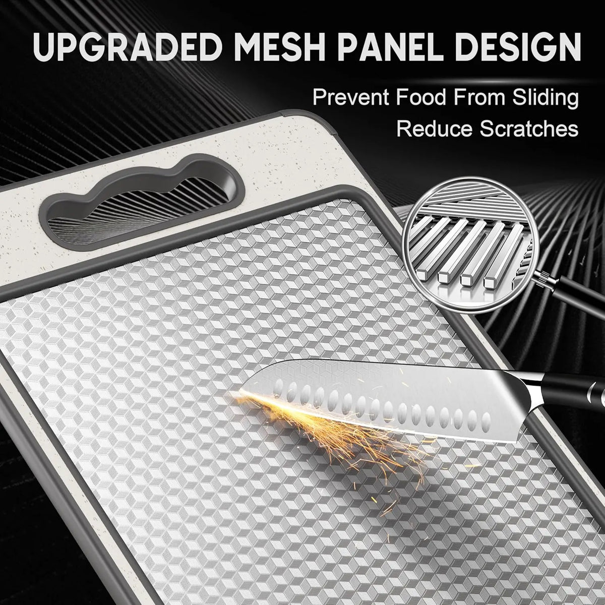 planches découper acier inoxydable moderne beige clair gris hexagonal poignées silicone antidérapantes zones coupe