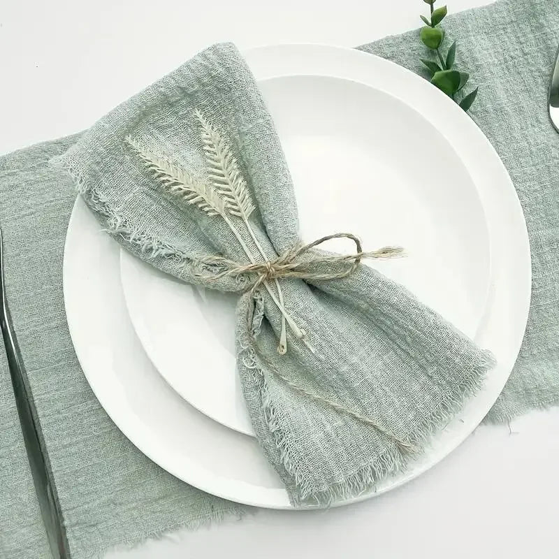 lot dix serviettes table coton beige clair franges rustiques mariage décoration chic maison