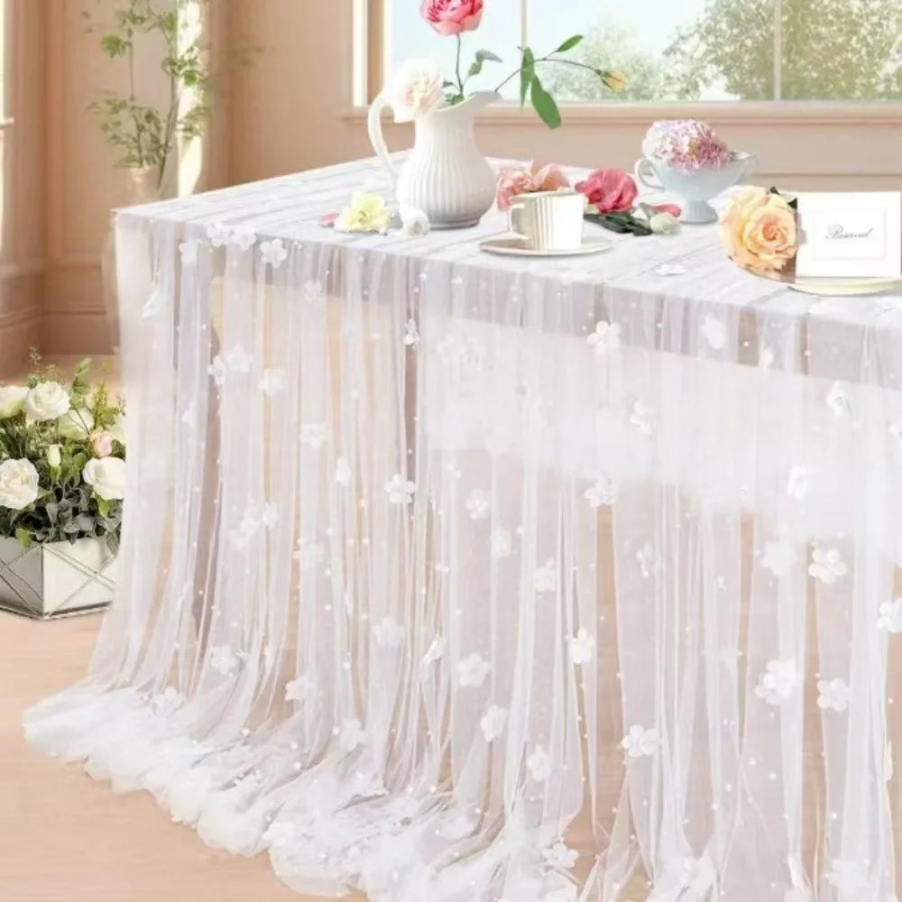 nappe table tulle transparent fleurs romantique décoration mariage blanc semi transparent farmhouse