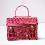 panier rangement osier motif maison fenêtres porte vintage bleu vert rose marron beige poignée