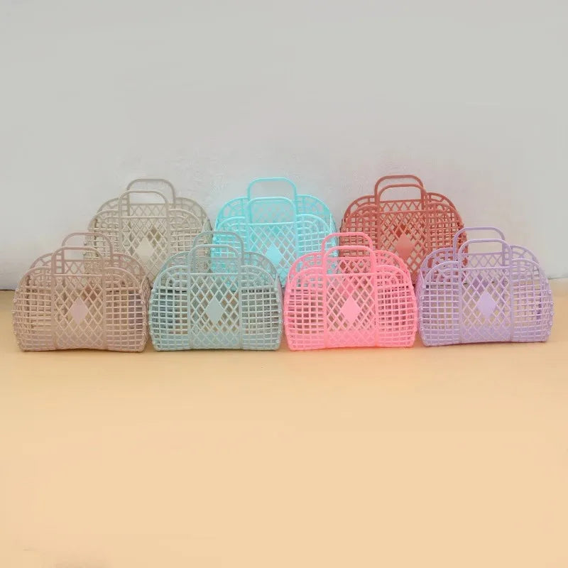 sac main maille vintage violet rose bleu clair beige pliable respectueux environnement