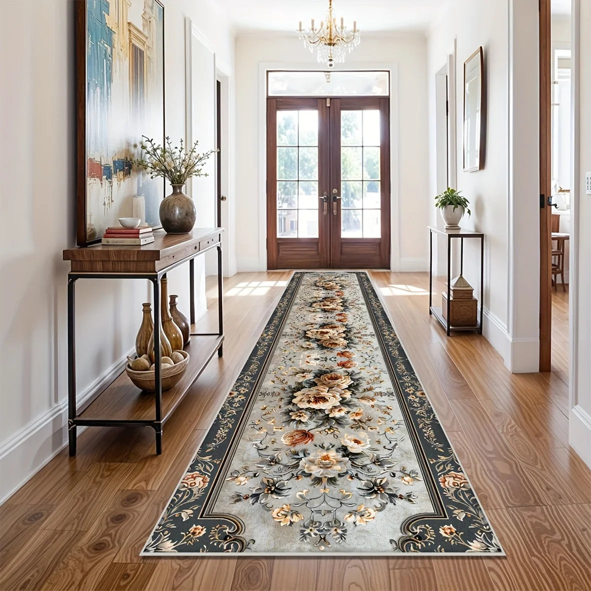 tapis floral velours gris clair bleu marine intérieur salon couloir résistant décoration adultes polyester