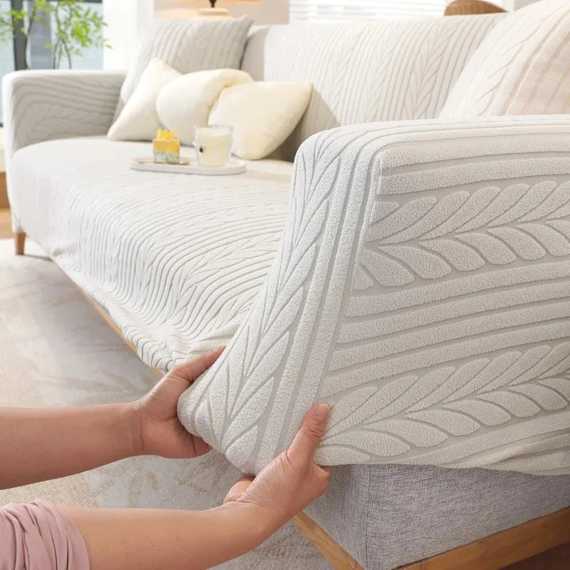 housse canapé polaire rayures beige clair moderne confortable adhésif lavable machine sectionnel deux places