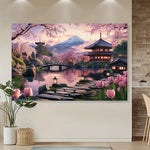 tableau mural paysage japonais fleurs cerisier tulipes montagne pagode pont eau rochers lanterne réaliste