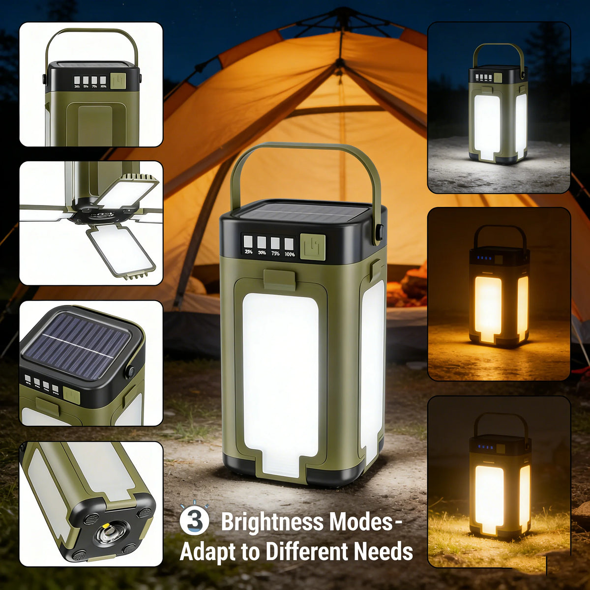 lampe camping led rechargeable projecteur portable annuel solaire torche multifonctionnelle panneaux rétractables indicateur batterie