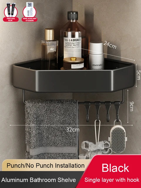 étagère salle bain moderne adhésive métal gris plat niveaux crochets rangement góc