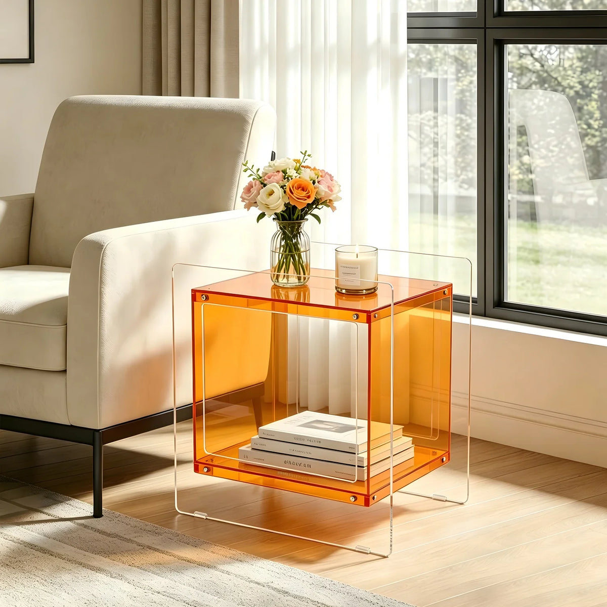 table d'appoint moderne transparente rouge orange carree minimaliste maison chambre salon