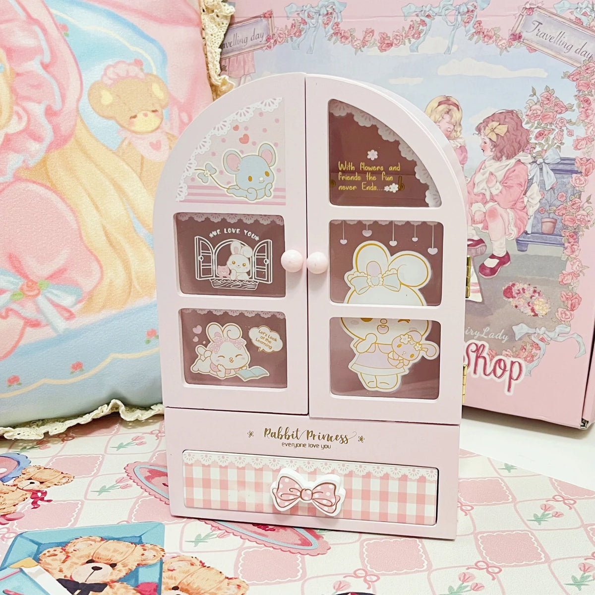 armoire bijoux kawaii enfantin boîte rangement bois rose pabbit princess blanc mignonne