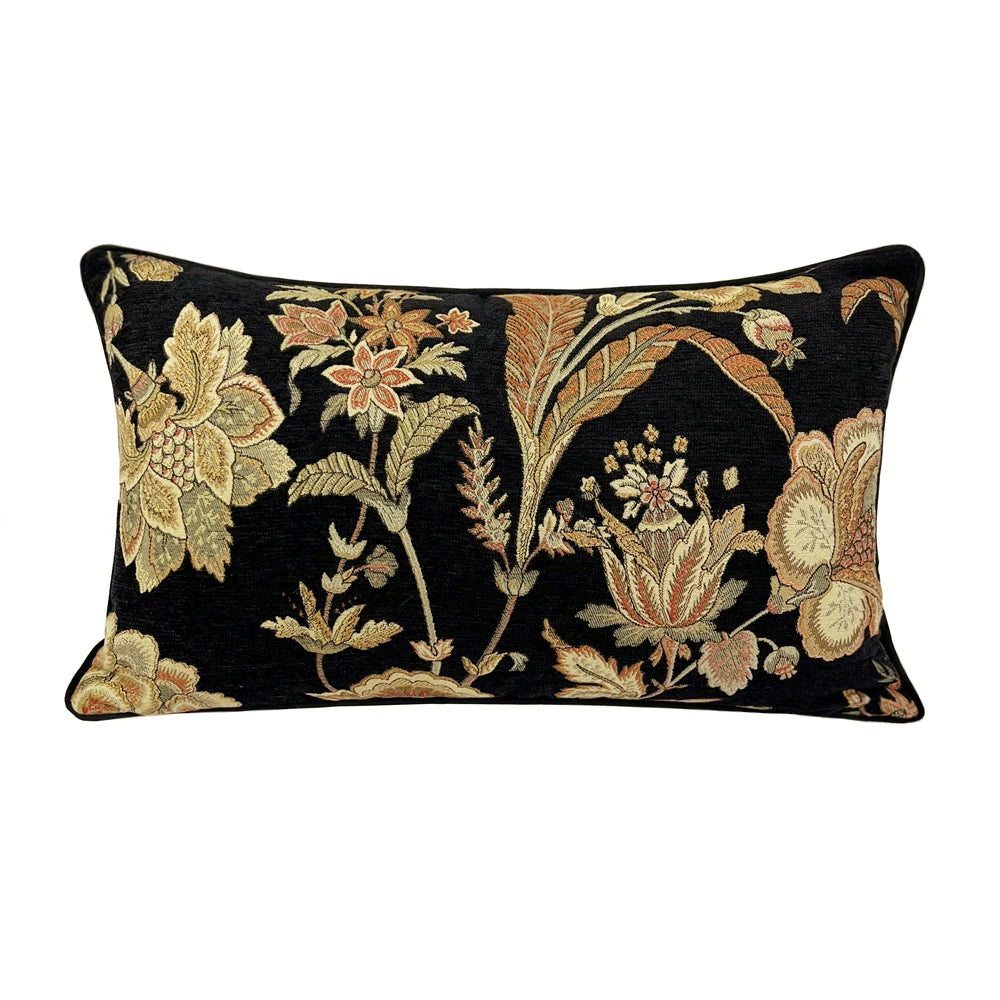 coussin noir floral vintage jacquard chenille lit salon décoration adhésif fermeture glissière 30x50cm