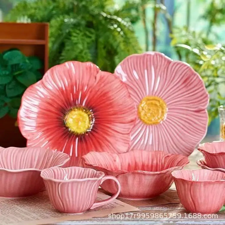 assiette tasse céramique fleurs rose violet blanc décoratif artisanal vaisselle table manger