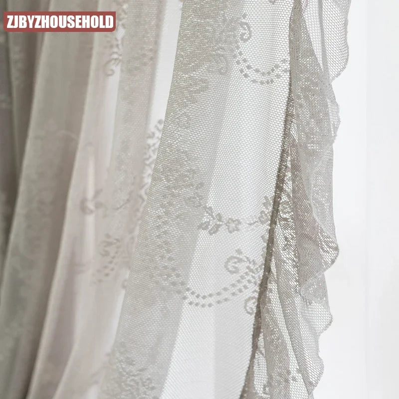 rideau gris semi transparent brodé fleurs classique fenêtre française polyester