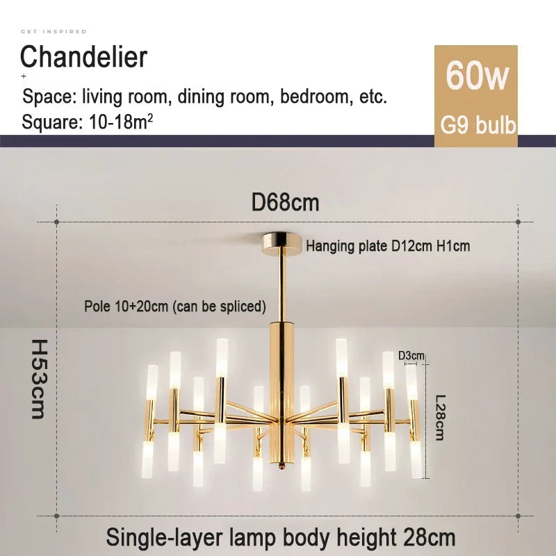 Suspension lumineuse moderne or structure géométrique tubes lumineux fixation crochet éclairage led chambre salon
