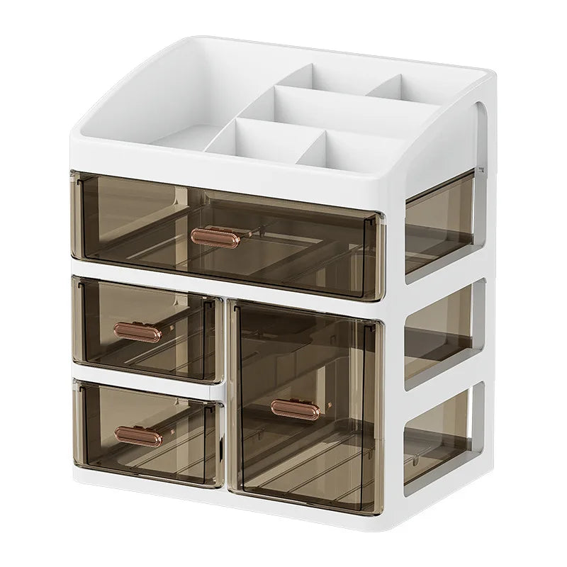 boîte rangement transparente moderne blanc marron clair poignées métalliques dorées minimaliste