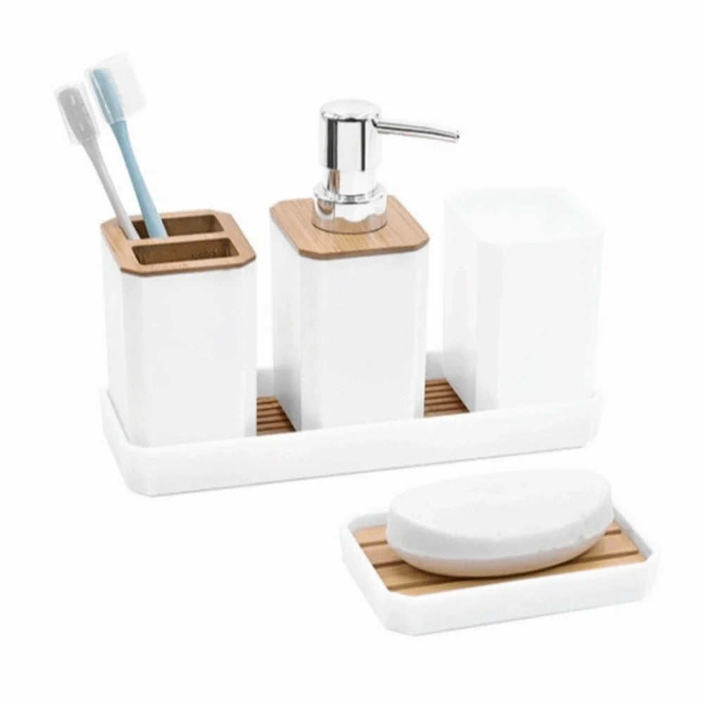 ensemble salle bain moderne porte brosse dents porte gobelet distributeur savon plateau bambou noir