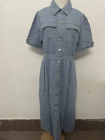 robe jean bleu clair patchwork boutons poches casual femme coton polyester extensible