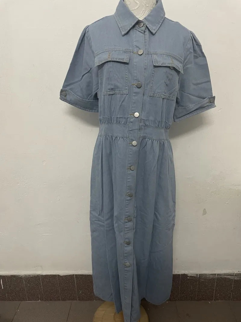 robe jean bleu clair patchwork boutons poches casual femme coton polyester extensible