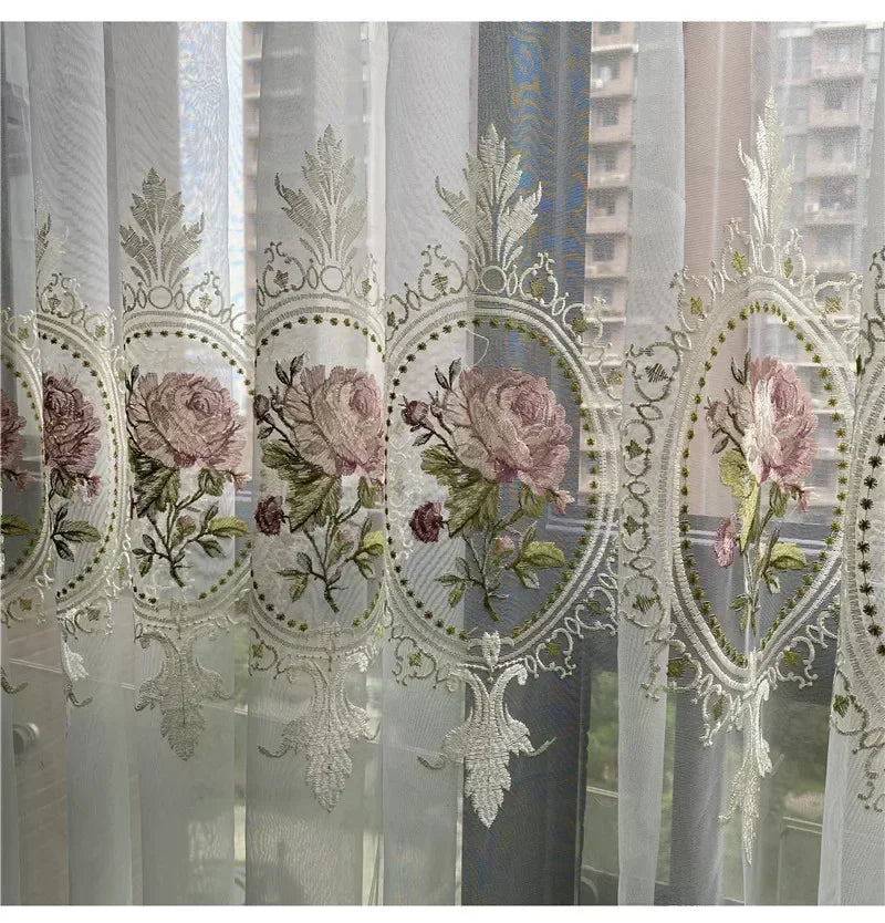 rideau tulle brodé fleurs blanc rose vert classique romantique transparentextérieur chambre salon machine lavable