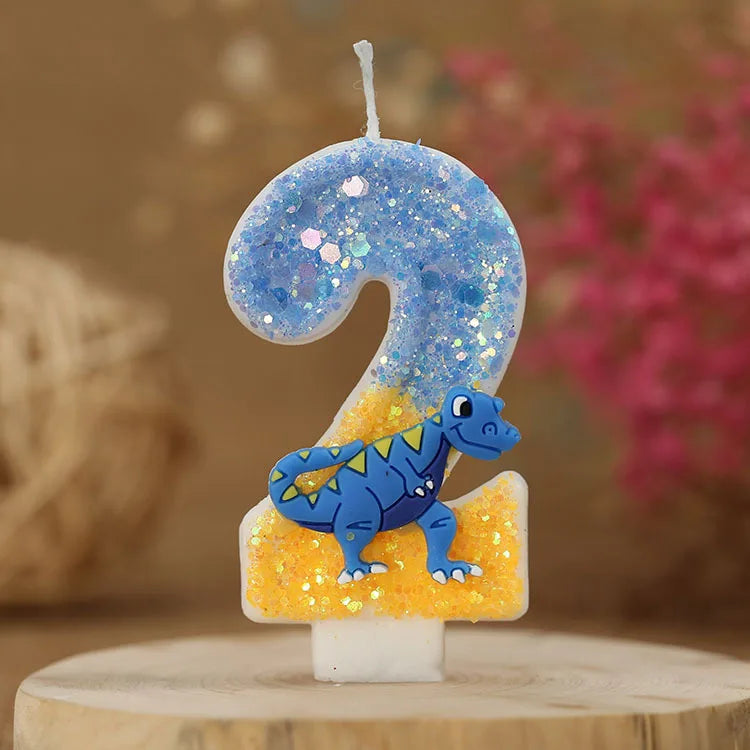 bougies anniversaire chiffres bleu jaune blanc paillettes dinosaure décoratives thème
