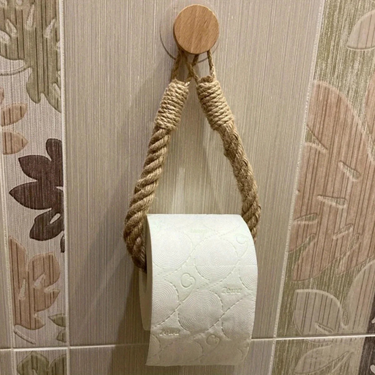 porte rouleau papier toilette corde tressée rustique bois clair support decoration beige opaque bohème