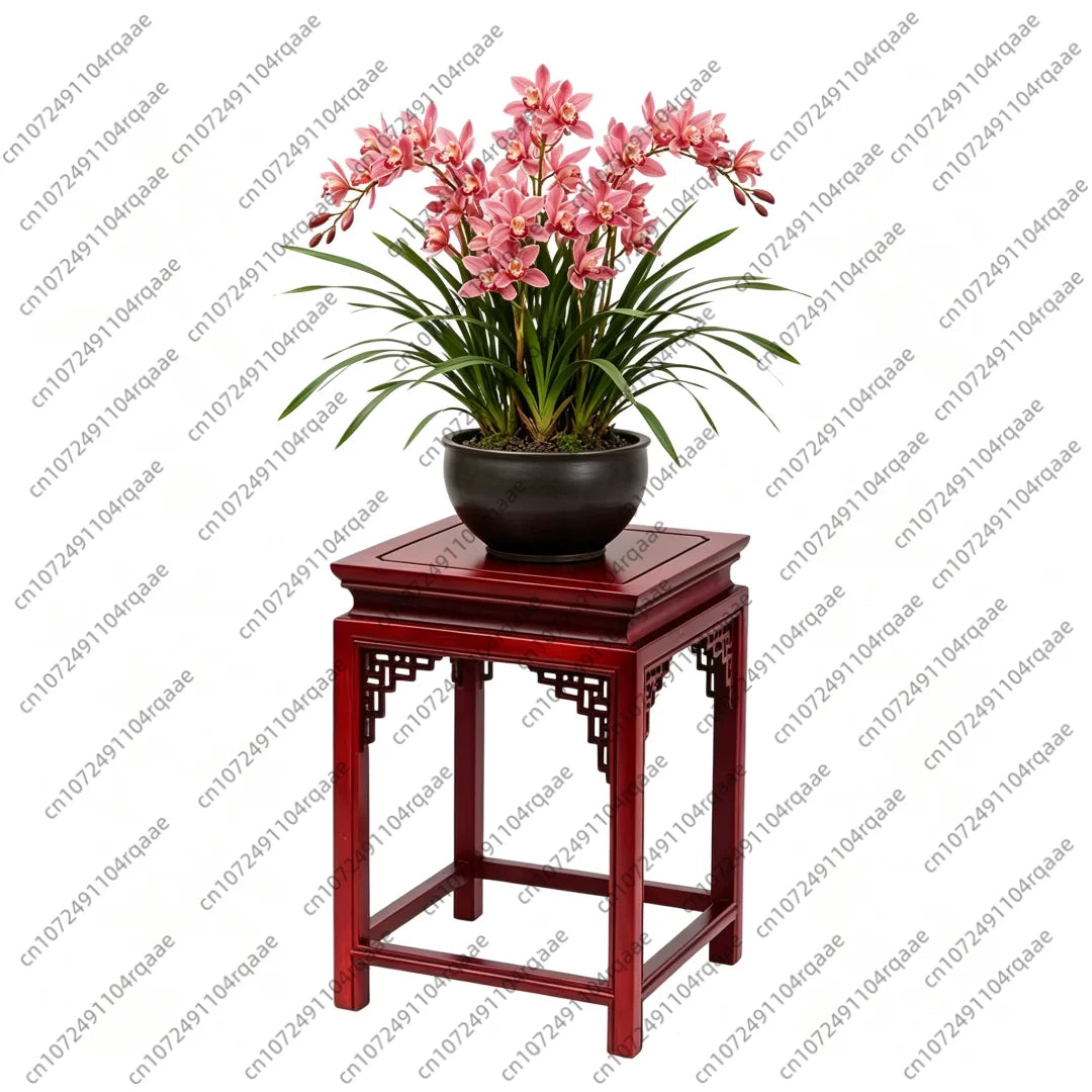 tabouret bois sculpté rouge motifs géométriques classique décoration intérieure miniature présentation plantes pot collector