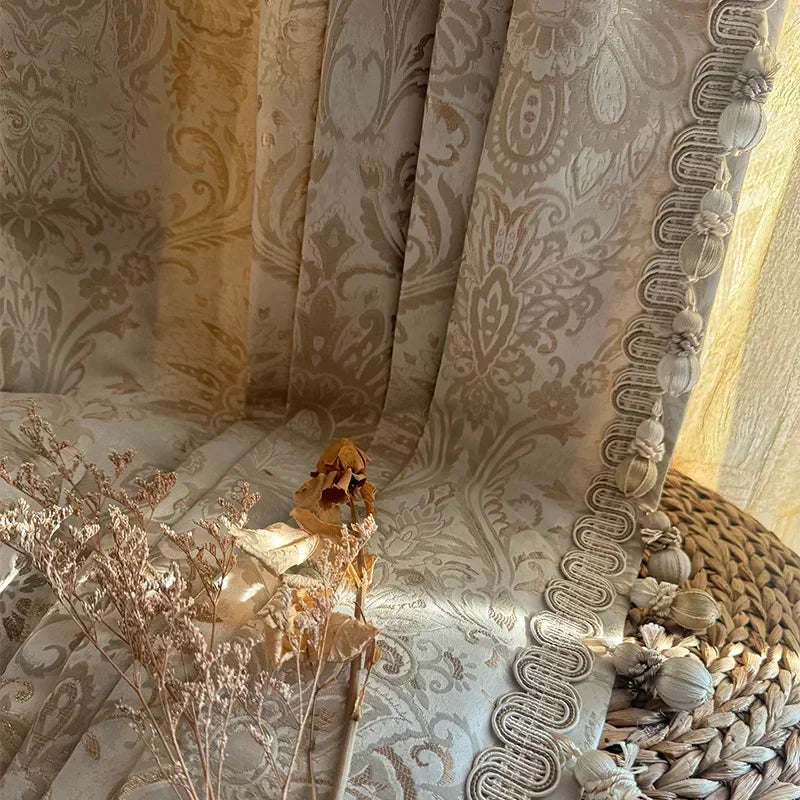 rideau beige doré motif floral brodé épais classique salon chambre fenêtre maison luxe