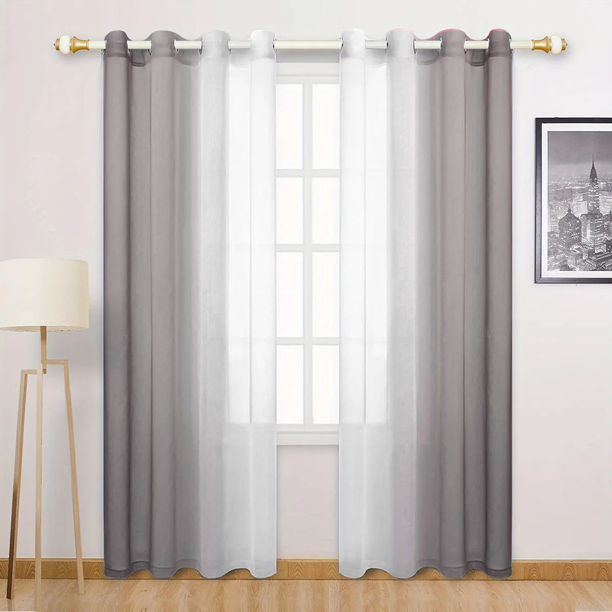 rideau moderne gris blanc semi transparent anneaux polyester coton deux panneaux chambre salon