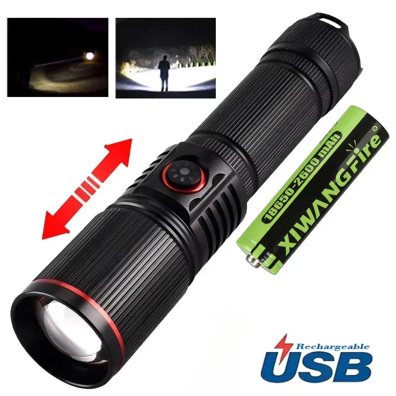 lampe torche led rechargeable 30w intense 500m rayures noire camping