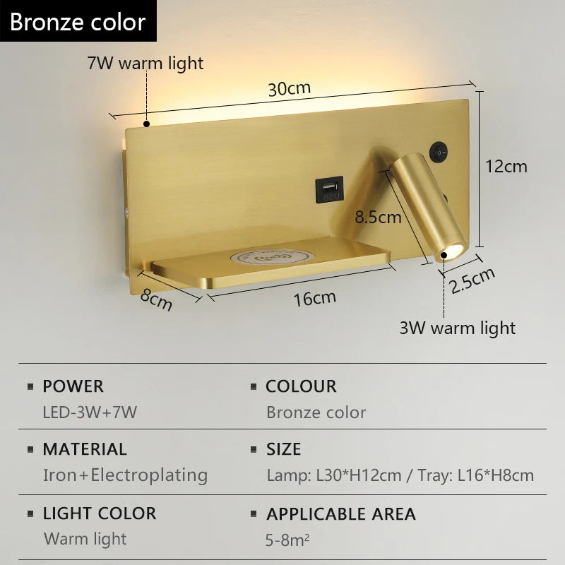 lampe murale led moderne charge sans fil usb étagère éclairage minimaliste chambre salon