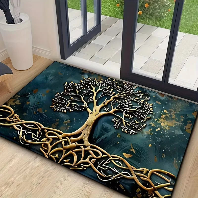 tapis sol moderne arbre stylisé motifs géométriques vert doré résistant décoloration 30x50cm 40x60cm