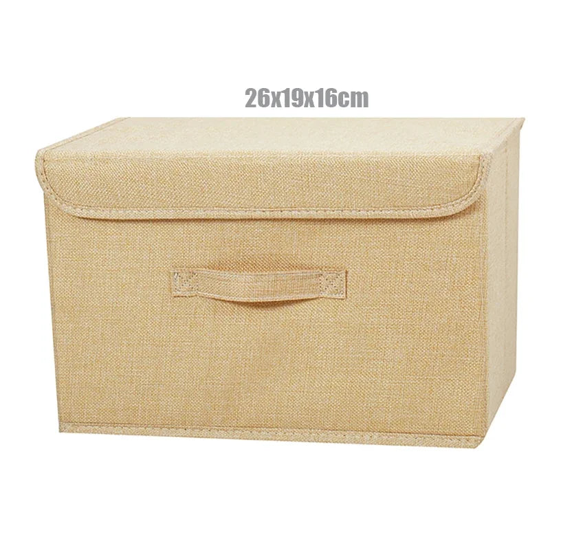 boîte rangement pliable tissu lin gris beige couvercle poignées vêtements