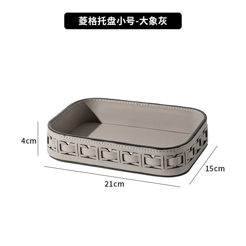 boîte mouchoirs cuir gris plateau diamant moderne flacon parfum bague ruban bougie decoration tranquillite