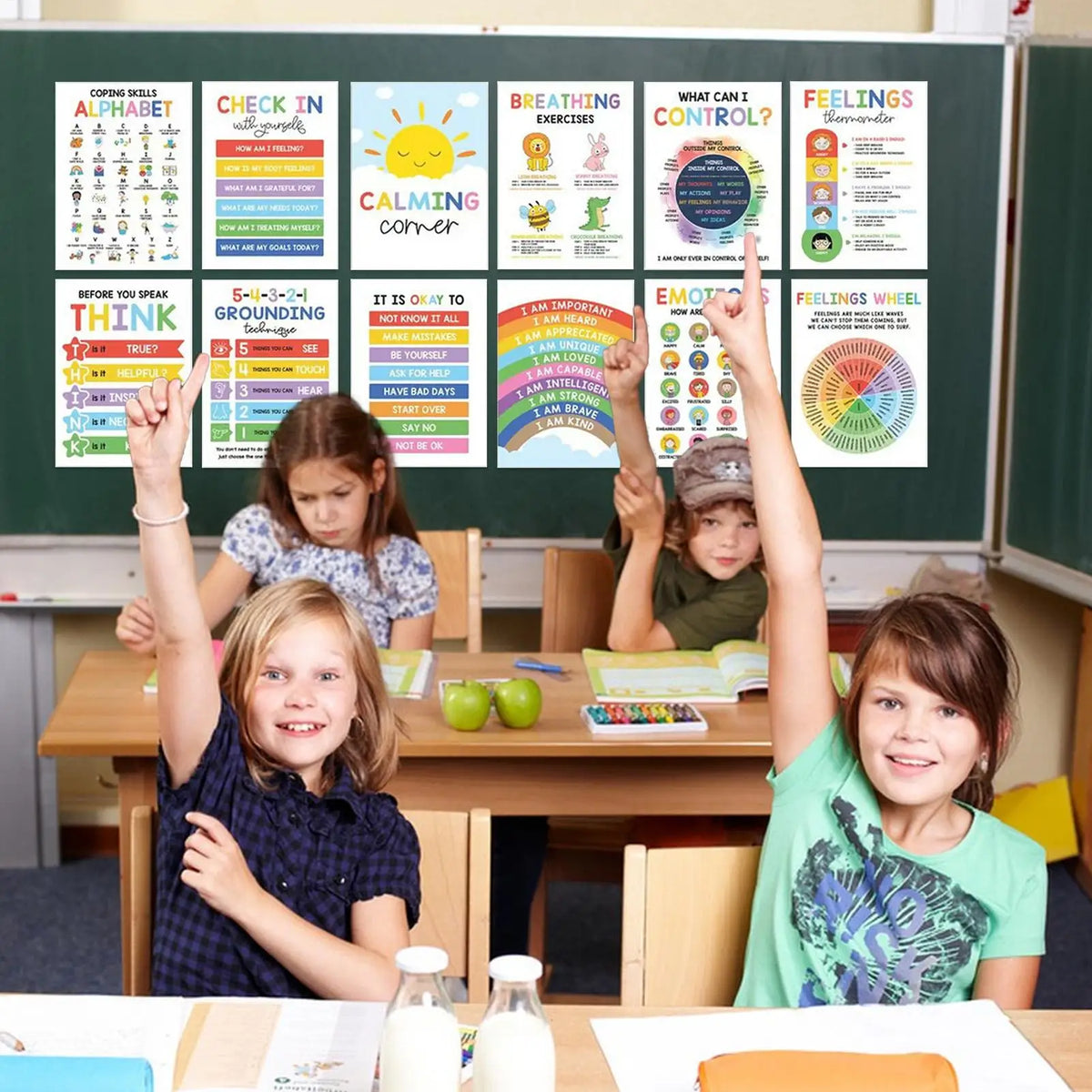 affiches pédagogiques multicolores graphiques adhésives émotions classes enfants 25x35cm 12 pièces éducatives illustrations variées