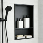 niche douche murale moderne étagères acier inoxydable noir mat carreaux blancs rangement salle bain