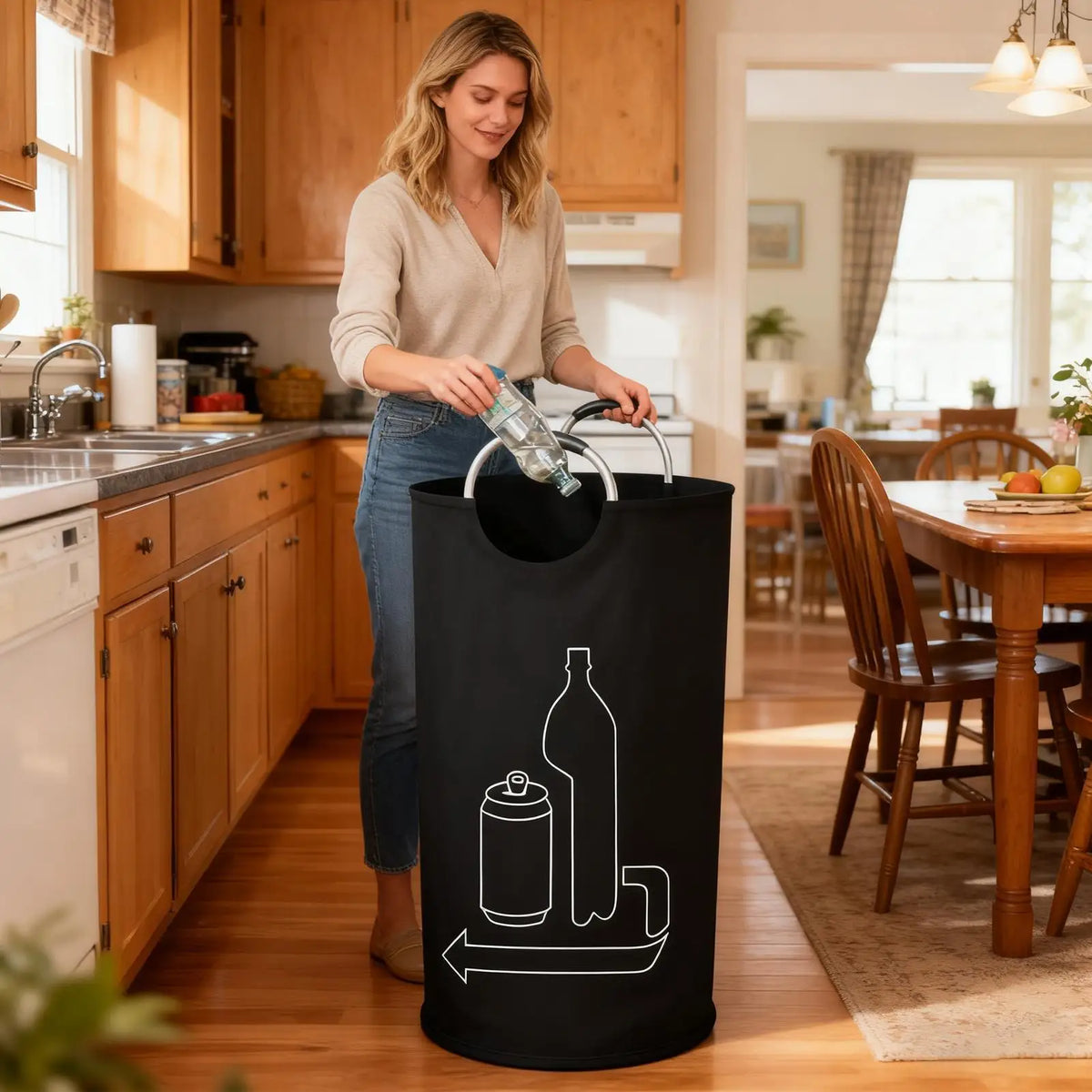 sac poubelle recyclage noir bouteilles plastique verre canettes tissu texturé poignées rembourrées moderne minimaliste