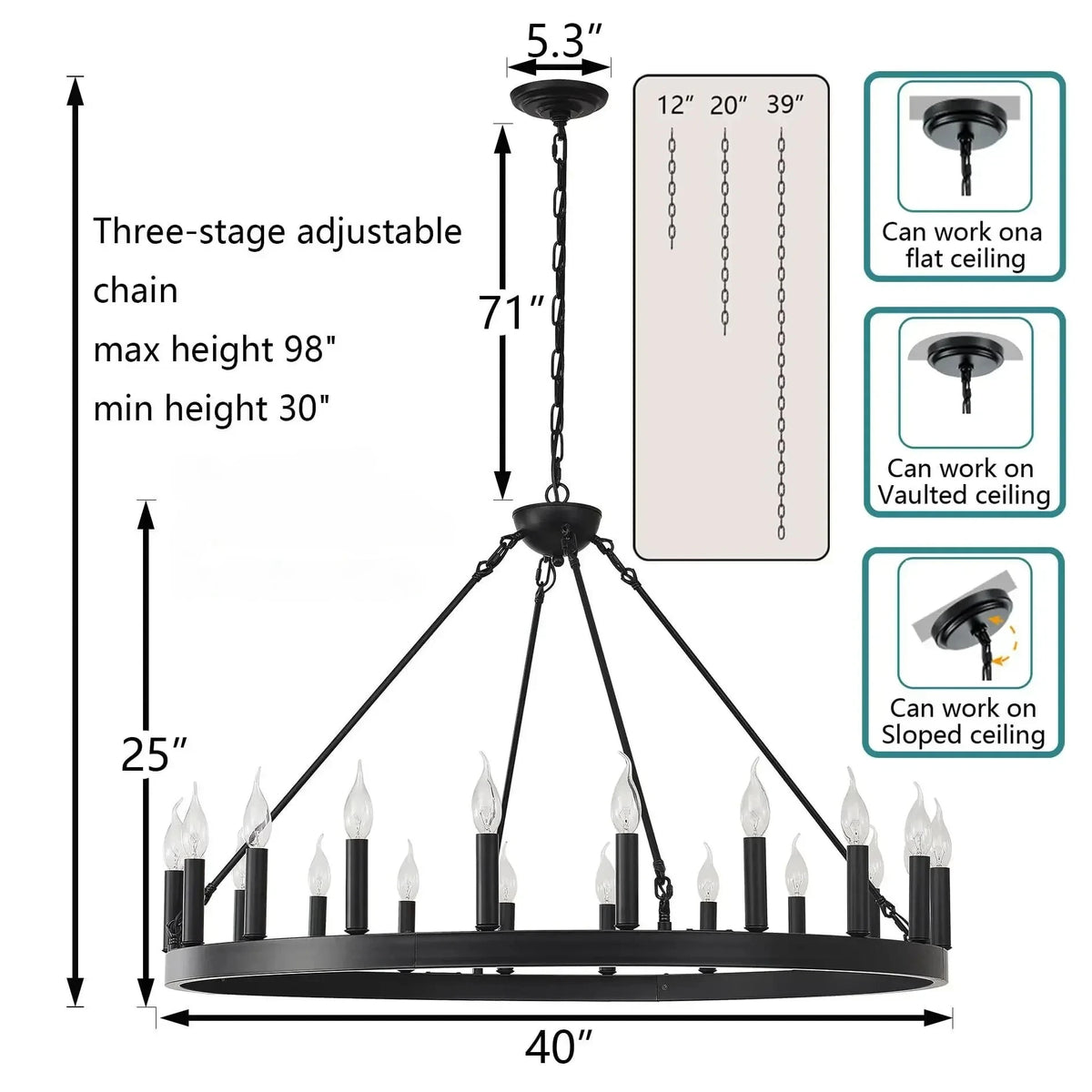 lustre moderne rustique noir multiple branches 20 ampoules E12 chaines suspension salon salle manger